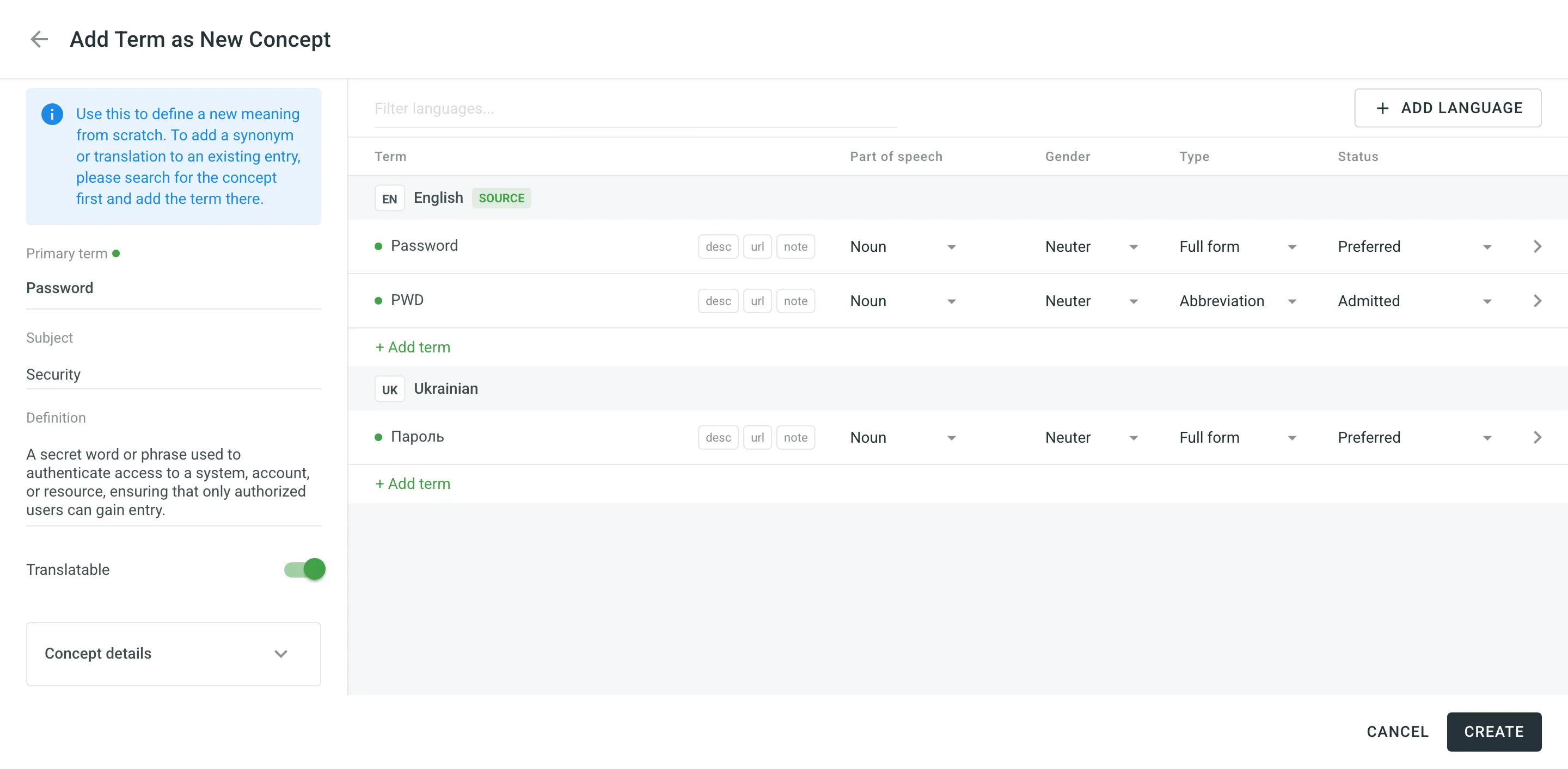 Add Term as New Concept dialog